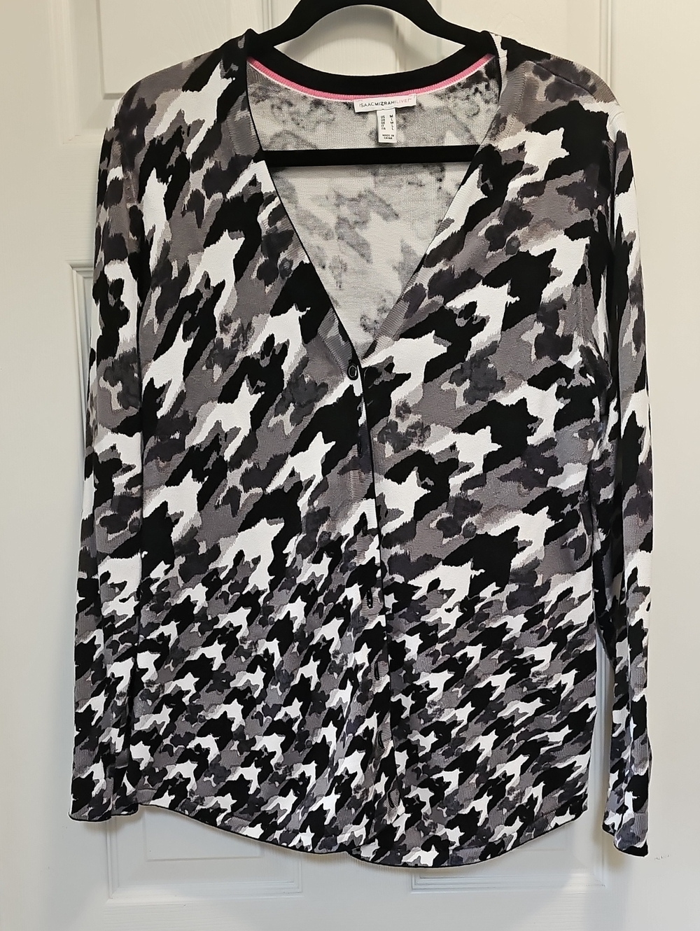 Isaac Mizrahi Black Gray White Houndstooth Button-Down  Cardigan Sweater